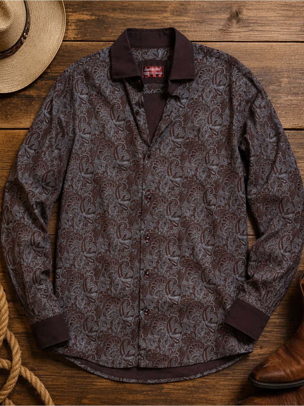Consequence Men’s Medium Brown Paisley Long Sleeve Button-Up Shirt